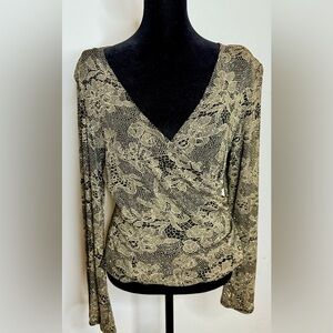 Vintage MSK gold and black faux wrap shimmer V neck dressy occasion shirt medium